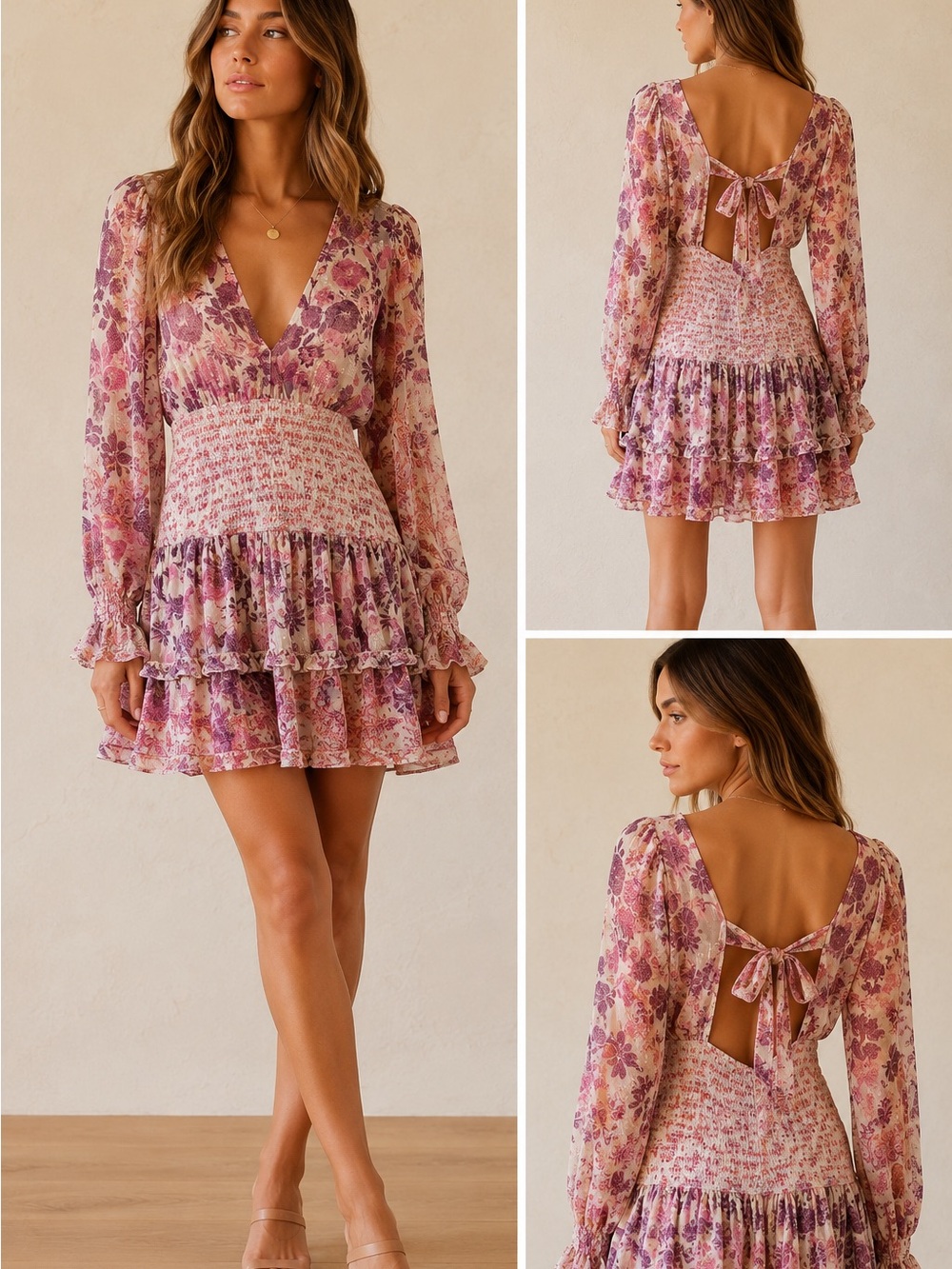 HEMANT & NANDITA Pink Floral Tiered Mini Dress